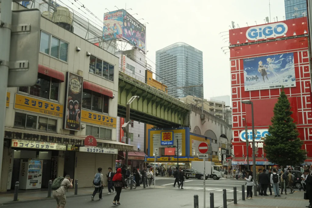 Rue d'Akihabara avec la façade GiGO et un sapin de Noël, Tokyo