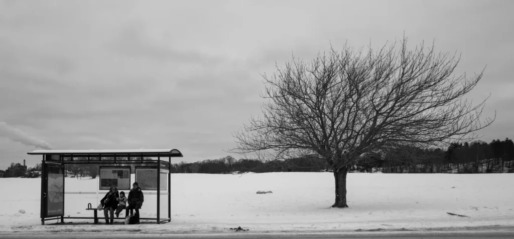 Photo en noir et blanc d'une famille attendant à un arrêt de bus isolé dans un grand champ enneigé, arbre nu au premier plan