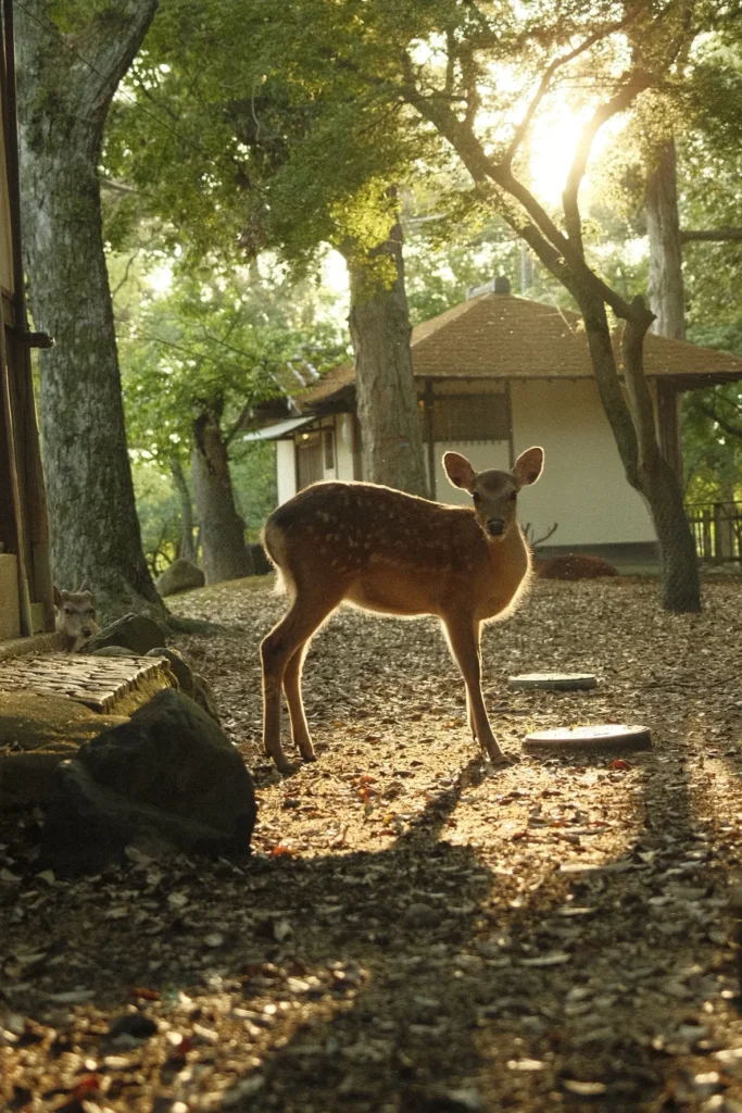 Cerf debout dans un parc boisé de Nara avec une roue de vélo au premier plan