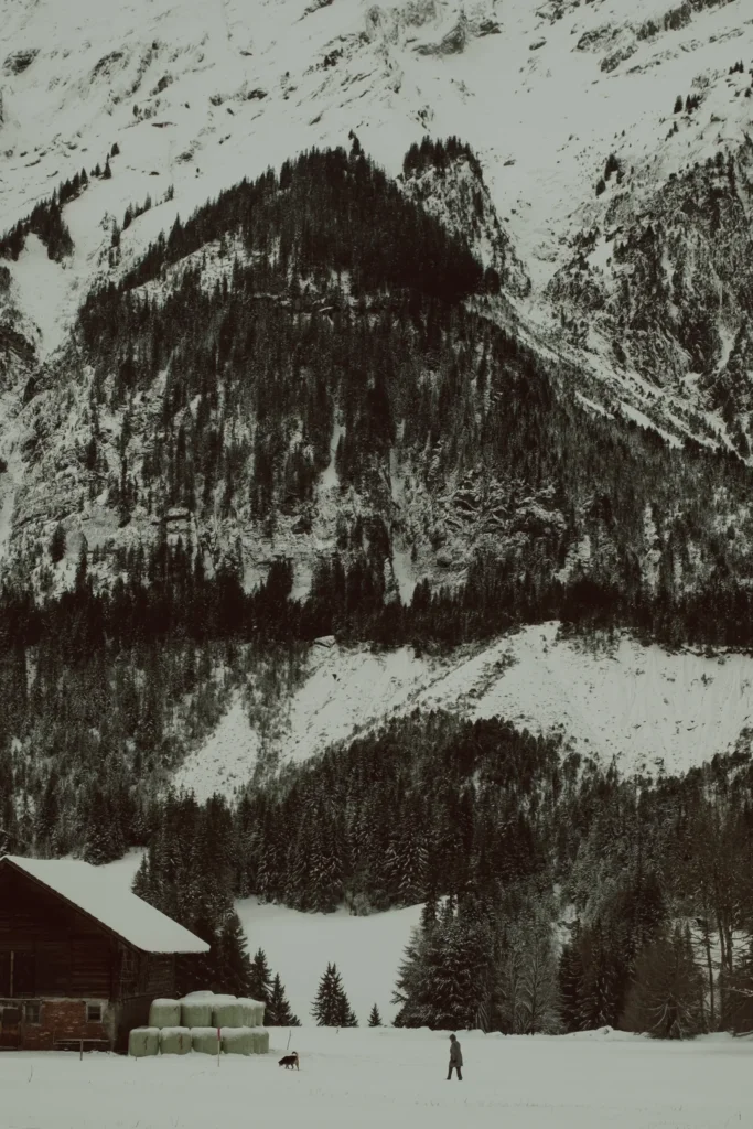 Chalet en bois enneigé face à une forêt de sapins et une paroi rocheuse, silhouette et chien dans la neige, Kandersteg