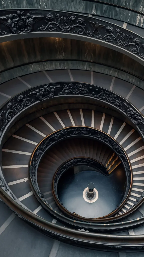 Vue plongeante sur le double escalier hélicoïdal en spirale des Musées du Vatican, rampes ouvragées en bronze