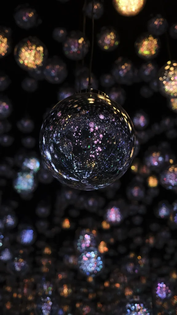 Installation de boules de verre lumineuses en bokeh sur fond sombre, teamLab, Tokyo