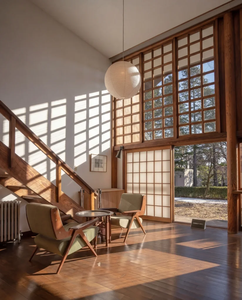 Salon moderniste en bois avec grandes baies à carreaux, lampe en papier washi et fauteuils, lumière dorée au sol