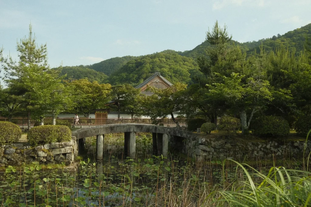 Étang couvert de nénuphars traversé par un pont de pierre, collines boisées en arrière-plan, Japon