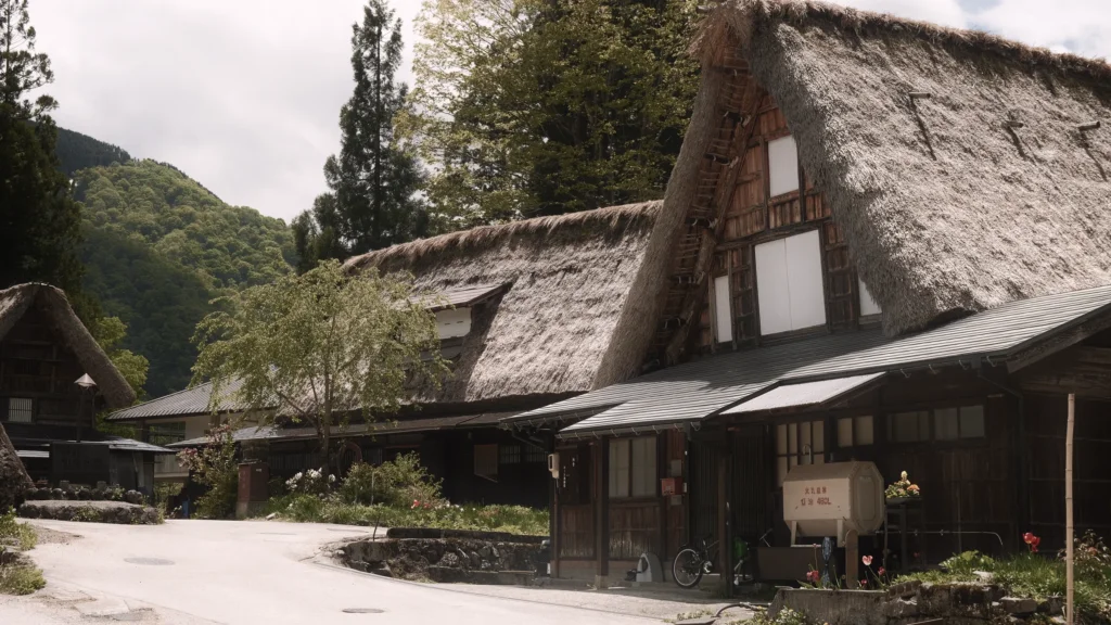 Maisons traditionnelles à toit de chaume gasshō-zukuri dans le village de Shirakawa-gō, entre forêt et route sinueuse