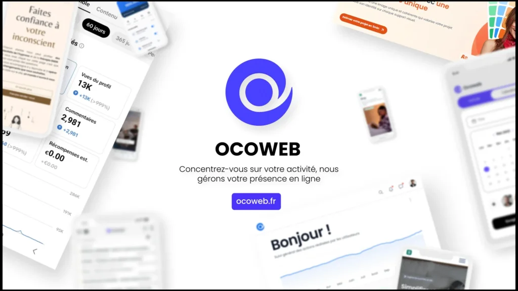 Logo Ocoweb et composition de mockups d'interfaces web et mobile, agence de présence en ligne
