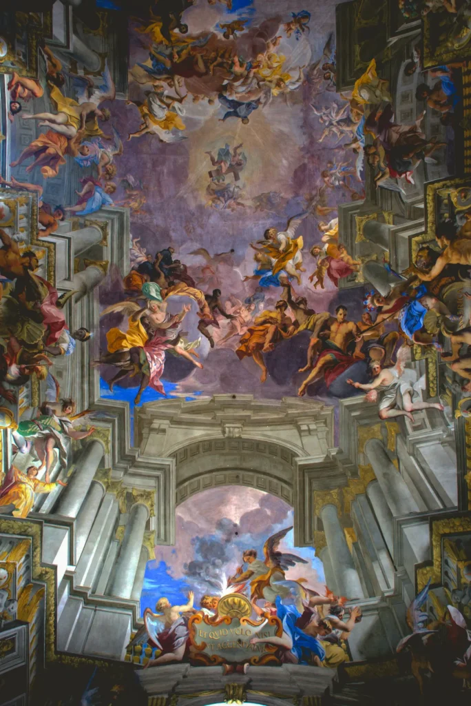 Fresque en trompe-l'œil du plafond de l'église Sant'Ignazio, l'Apothéose de saint Ignace peinte par Andrea Pozzo, personnages et architecture peinte en enfilade