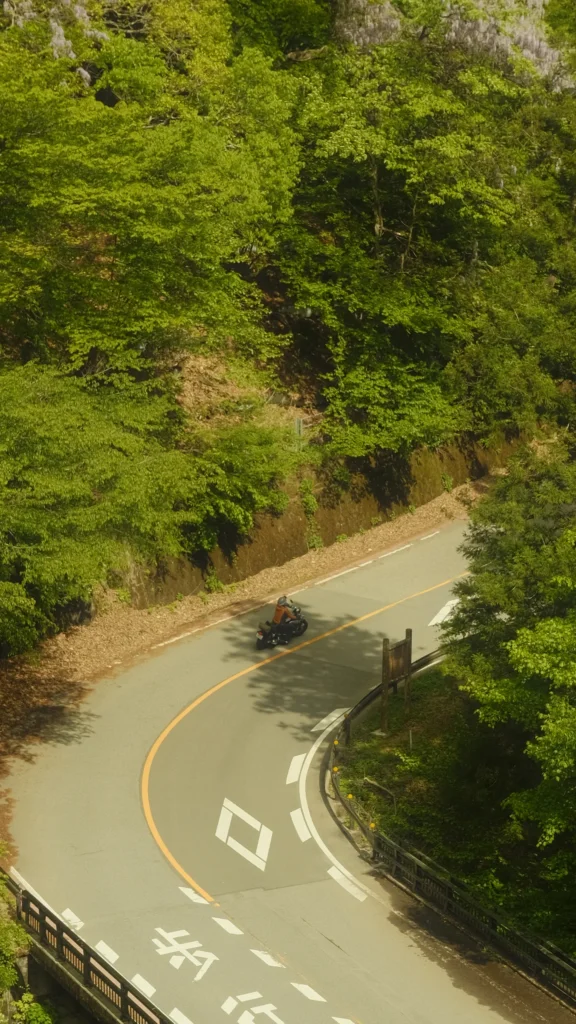 Route de montagne en lacets avec un motard, vue plongeante sur la forêt verdoyante