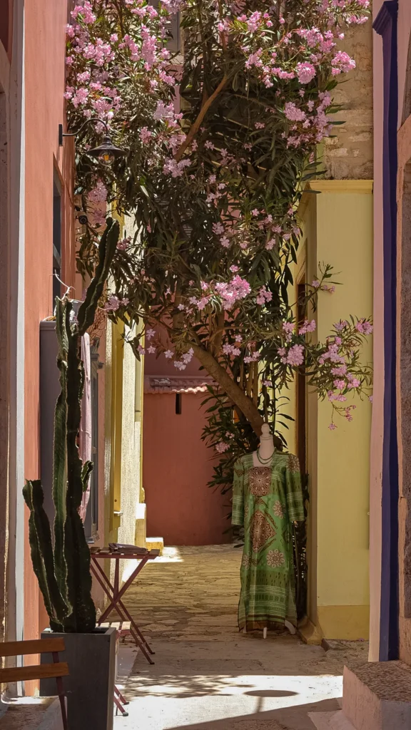 Ruelle étroite bordée de maisons colorées et couverte de laurier-rose en fleurs, robe exposée sur mannequin, Faliraki, Rhodes