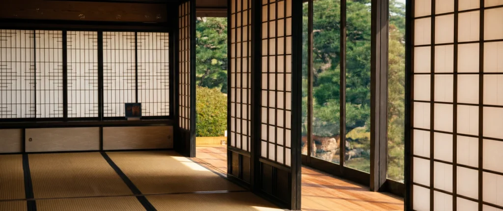 Grande salle à tatamis avec cloisons shōji ouvertes sur un jardin de pins, jardin Hama-rikyū, Tokyo