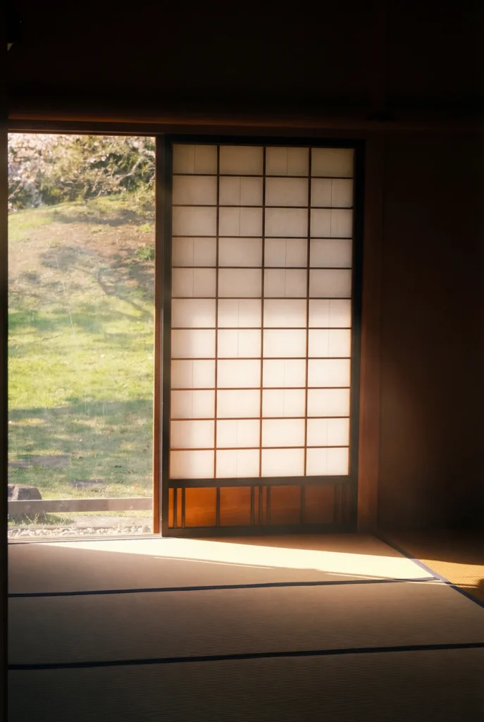 Salle à tatamis avec porte shōji éclairée et cerisier en fleurs visible à l'extérieur, jardin Hama-rikyū, Tokyo