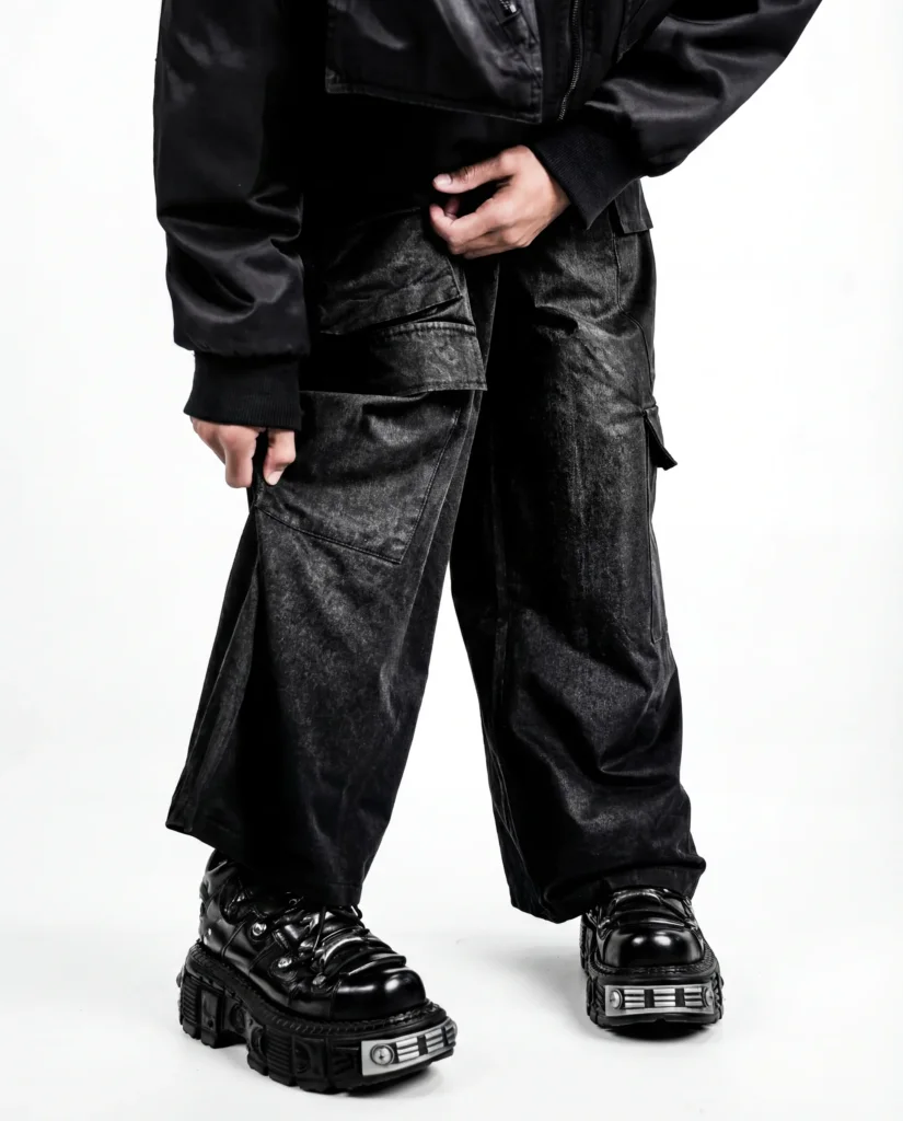 Gros plan sur un pantalon cargo noir délavé et des bottes New Rock cloutées, shooting mode Egretta en studio