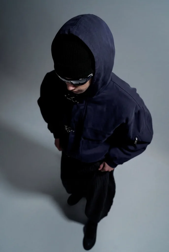 Modèle capuche marine et bonnet noir baissant la tête, lunettes de soleil, shooting Egretta en studio