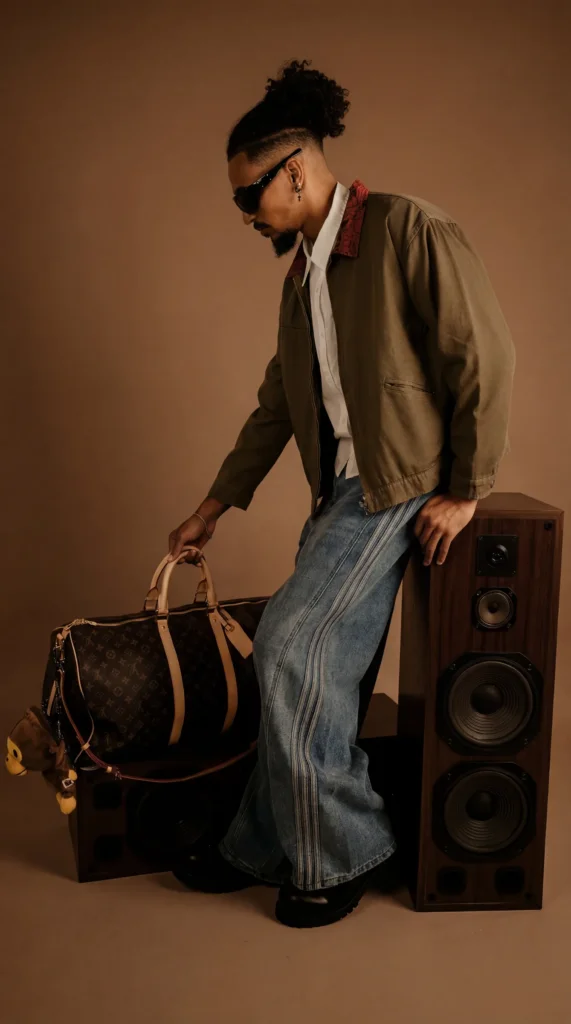 Modèle en veste kaki et jean flare tenant un sac de voyage Louis Vuitton vintage, shooting Egretta en studio