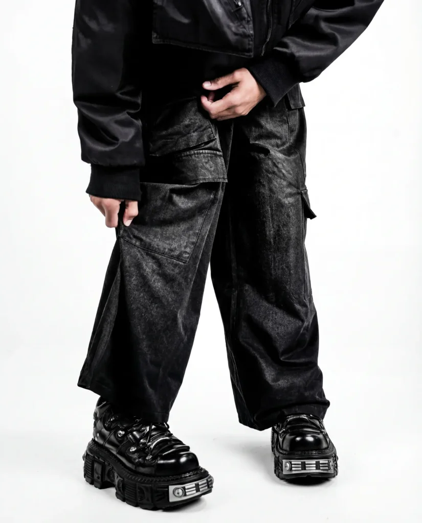Plan rapproché sur un pantalon cargo noir ciré à poches multiples, bottes noires à semelle épaisse plaques métalliques, veste noire