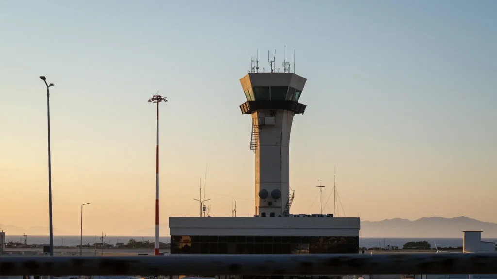 Tour de contrôle de l'aéroport de Rhodes se découpant sur un ciel de crépuscule orangé