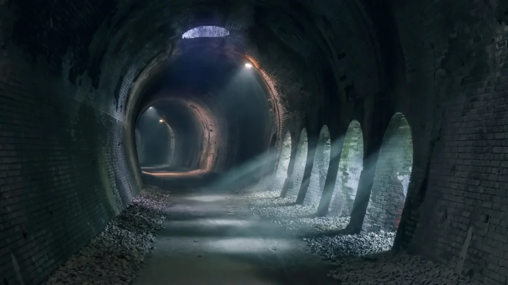 Long tunnel de briques sombre traversé par des rayons de lumière entrant par des ouvertures en arcade