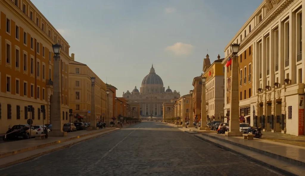 Vue en perspective de la Via della Conciliazione bordée de bâtiments ocre, menant au dôme de la basilique Saint-Pierre au petit matin